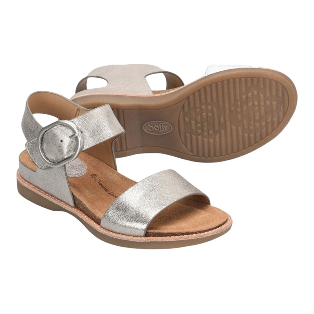 Sofft Silver Bali Anthracite Leather Buckle Ankle Strap Open Toe Size 6.5M
